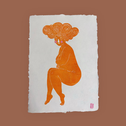 arion illustriert - Original Linoldruck „Mère" (Orange/Rosa)